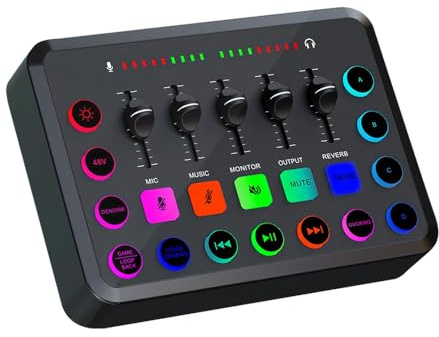 DJ Audio Mixer Sound Card Gaming Mixer,Streaming 4-Channel RGB Mixer with XLR Microphone Interface,for Game Voice,Podcast