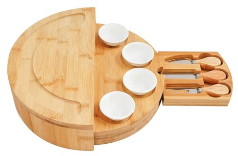 Tabla de queso de color madera con juego de cuchillos de queso, tabla de bambú giratoria para queso, para cocina, restaurantes, hoteles, fiestas, 32,5 x 32,5 x 6 cm