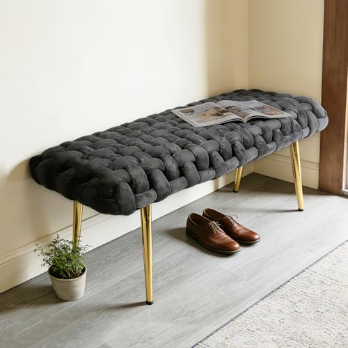 Sitzbank Polsterbank Samt - Gepolstert Bettbank Sitzhocker, Moderne Sitzbänke Hockerbank, Bank mit Metallbeine, Schuhbank für Schlafzimmer Wohnzimmer Flur Eingangsbereich, 110x46x46cm, Schiefergrau