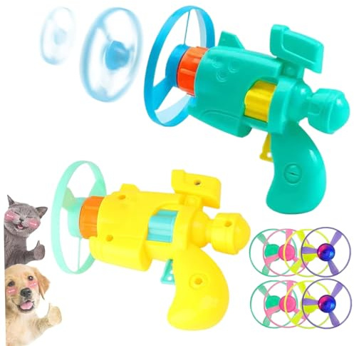 Jorzer 2 set flygande skivstartleksaker bärbar upplyst flygande kattleksak med färgglada propellrar för kattungar inomhus utomhus disk launcher leksak kattgevär leksaker kattunge ..