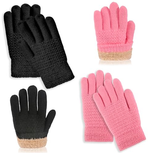 GOSHIES Kinder Warme Stretch Strickhandschuhe mit Dickem Fleecefutter 2 Paar Fingerhandschuhe Kinder Handschuhe Winter für Jungen und Mädchen im Alter von 6 bis 12 Jahren