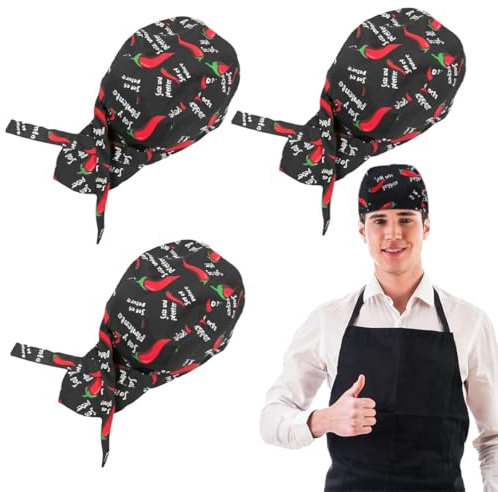 JEYORZY 3 Pcs Herren Kochmütze, Kochmütze Bandana Küchenmütze Herren Damen Kopftuch Herren Kopfbedeckung Zum Kochen Backen Grillen Bandana Cap Für Küche Restaurant Zuhause Bäckerei Cafe (Chilischote)