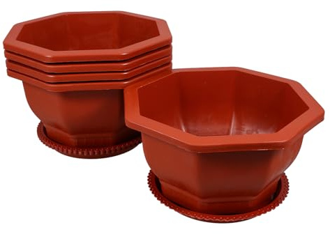 IWOWHERO 5 Macetas Octogonales Rojas para Bonsáis de Plástico Bandeja, Impermeables y Protectoras para Interiores y Jardines