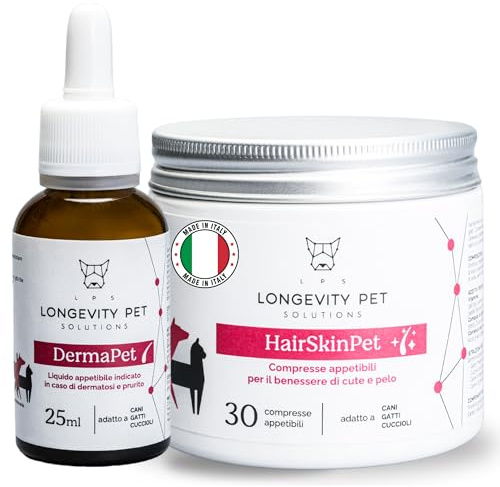 Soluzione Prurito | HairSkinPet per Muta e Dermatite Cane e Gatto 30 Cps + DermaPet Integratore Dermatite per Cute Cani e Gatti | Integratore Prurito Cani e Gatti | Azione Sinergica - Longevity Pet
