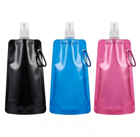 3 Stück Faltbare Trinkflasche 500ml,Faltbare Wasserflasche,Trinkflasche Faltbar,Wasserflaschen Flasche Faltflasche Trinkbeutel Festival Wiederverwendbare Zusammenklappbare mit Clip für Wandern Reisen