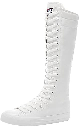 ANUFER Ragazze Donna Al Ginocchio Stivali di Tela Lacci Zip Piatto Scarpe Sportive