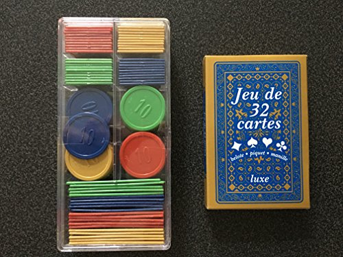 Equilibre et Aventure 1 Jeu de 32 Cartes + 100 jetons : Poker, belote, Piquet, Manille, coinche, Bataille, menteur, soufflette, big up, Jeu des Chevaliers, Maitre du Jeu, biskit, etc