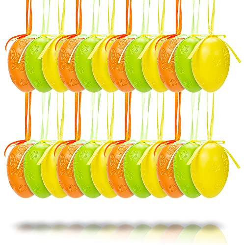 Helmecke & Hoffmann 24er-Set Bunte Ostereier zum Aufhängen - farbige Eier mit Prägung und Schleifchen | 3 Farben | farbige Ostereier Osterdeko | Ostereierdeko Ei Höhe: ca. 6 cm