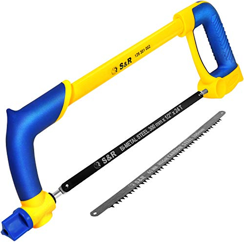 S&R Seghetto ad Arco Ferro Metallo e Legno Umido. Sega Manuale con 2 lame da 300 mm: 1 lama acciaio per metallo + 1 lama per Legno 65MN. Un solo seghetto per tutti gli usi.
