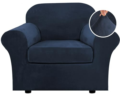 H.VERSAILTEX Rich Velvet Stretch 2 Piece Cover Chair Slipcover Sofa Cover Furniture Protector Couch Soft with Elastic Bottom Chair Couch Cover with Arms Width Up to 49 Inch(Chair,Navy)