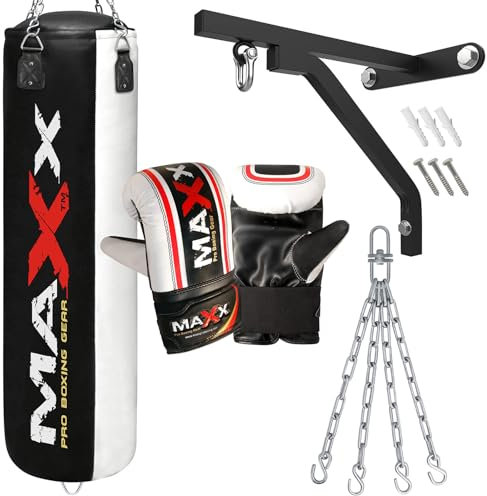 Maxx Black and White 3ft 4ft 5ft 6ft Filled Hanging Boxing Punch Bag Set Heavy Punching bag (6PCS WITH BRACKET, 5FT)