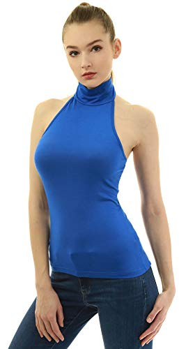 AmélieBoutik Top Camicetta Senza Maniche con Collo Alto a Collo Alto da Donna, Blu, XS
