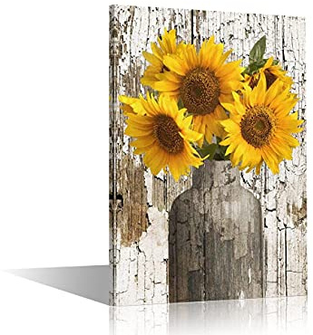 TISHIRON Wall Art Prints Yellow Sunflower in Vase with Frame 24x16 Canvas Painting Artwork Home Decor Ready to Hang for Bedroom Livingrong Kids Gift