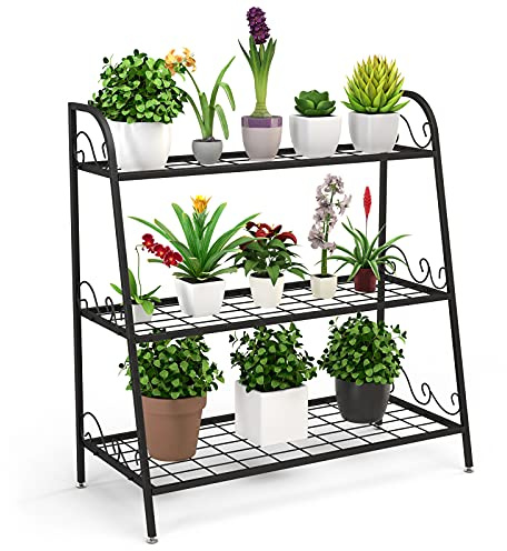 COSTWAY Soporte para Plantas de Metal, Estantería para Plantas de 3 Niveles, Estante Multifuncional Expositivo para Flores, Porta Flores con Pies Regulables para Jardín Balcón Salón