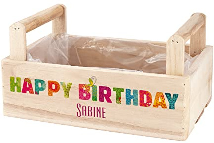 Herz & Heim® Geburtstags-Geschenk Holzkiste zu Bepflanzung mit Personalisierung als Geschenkverpackung Happy Birthday