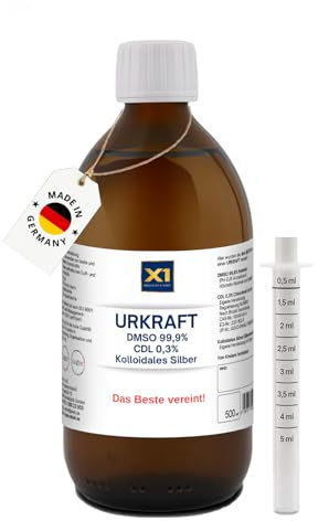 X1 URKRAFT – Kolloidales Silber 500ml / 50 ppm + DMSO 99,9% + CDL 0,3% – 3 in 1 Silberwasser vegan, Laborgeprüft, ohne Zusatzstoffe ISO-zertifiziert, aus Braunglas - Made in Germany