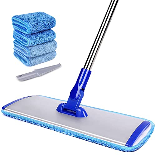 Professional Microfiber Mop Floor Cleaning, 18 Flat Mop with Stainless Steel Handle, 4 Reusable Washable Pads and Brush