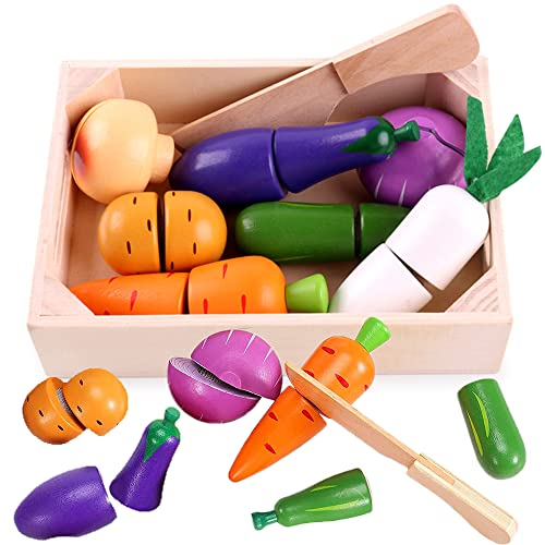 QNMD Jouets en Bois de Fruits Tranchés, Jouer Aux Accessoires De Cuisine, Légumes en Bois à Couper, Légumes De Bois, Ensembles De Jouets De Cuisine, Jouets Éducatifs pour Les Tout-Petits d'Âge