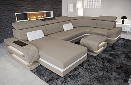 Sofa Wohnlandschaft Bologna - mit LED Beleuchtung, verstellbare Kopfstützen, Recamiere/Mikrofaser/Ausrichtung wählbar (Ottomane Links, Weiss-Taupe)