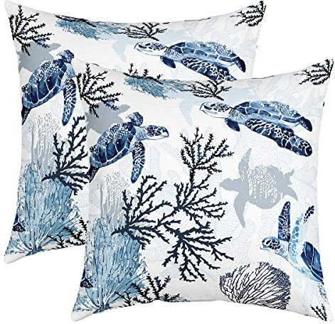 Turtle Throw Cushion Covers, White, Blue, Hawaiian Turtle Cushion Covers for Living Room, Reptile, Sea Turtle Decor, Square Cushion Covers, Coastal Beach Cushion Covers, 40 x 40 cm, Set of 2