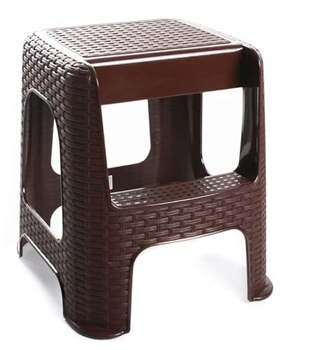 Tritthocker Hocker mit Trittleiter Sitzhocker Tisch Stuhl Höhe 48cm Rattan Optik Braun Stufenhocker bis 160kg