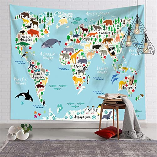 MEKPAM Tiere Weltkarte Wandbehang Große Pädagogische Sehenswürdigkeiten Weltkarte Wandteppichgartenzimmer Dekor 150x130cm