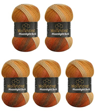 Wollbiene Moonlight Batik Strickwolle 500g zum Stricken und Häkeln - 5x100g, 20% Wolle Farbverlaufswolle (2800 Braun Terrakotta Beige)