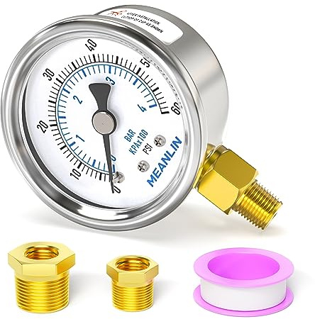MEANLIN MEASURE 0~60Psi Dry Pressure Gauge Stainless Steel 1/8 NPT 2 FACE DIAL Waterproof for Pool Filter Pump Oil Air Compressor Tire Pressure Tester Lower Mount with 1/4 NPT and 3/8 NPT Hex Bush