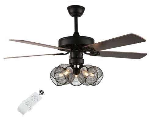 Lustre de ventilateur réversible de 52 po, ventilateurs de plafond industriels à lame de bois avec lumières LED, noir rustique à encastrer for ventilateur de plafond de ferme avec abat-jour en filet m