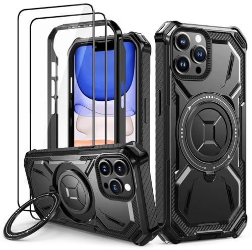 Lanhiem für iPhone 13 Pro Max Hülle, 360° Ring Ständer, Stoßfest, Schwarz | mit 2 Stück Schutzfolie, Robust Bumper Schutzhülle, Militärischer Armor Kratzfest Handyhülle für iPhone 13 Pro Max Case