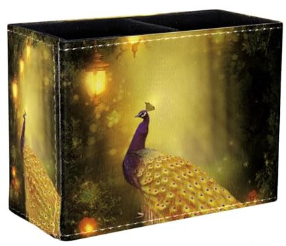 Eslifey Stifthalter, quadratischer Stifthalter für Schreibtisch, Pfau im Wald unter goldener Straßenlaterne, Stiftebecher, Make-up-Pinselhalter, Ständer, Display, Schreibtisch, Schreibwaren, Organizer