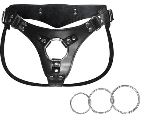 Adjustable Leather Gothic Strap-On Harness Belt with Perforated Design for Women and Men, Wearable Strapless Adult Sex Toys for Lesbian Gay Couples Pegging Dildo, Fits Waist 25-48