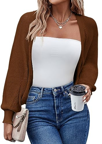 Hotouch Cardigan Donna Maglione Corto Cerniera Leggero Giacca in Maglia Elegante Golfino a Maniche Lunghe Aperta Casual per Autunno Invernale Matrimonio Bolero Marrone L