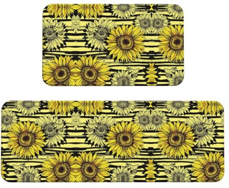 Bees Sunflowe Küchenmatten für Boden, Set mit 2 Anti-Ermüdungsmatten für Küche, Boden, rechteckige Teppiche