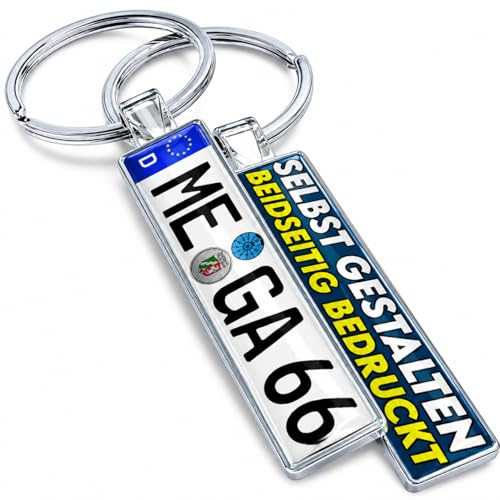 Auto Schlüsselanhänger Kennzeichen beidseitig personalisiert | Minischild KFZ Nummernschild passend für VW Mercedes BMW Opel Skoda Seat Cupra Ford Tesla Mini Porsche Kia Volkswagen Autoschlüssel
