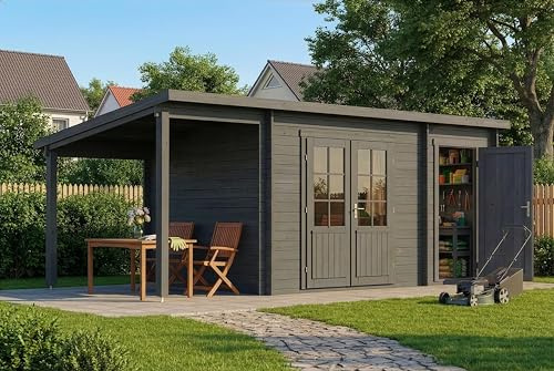 Alpholz Gartenhaus Maria mit Anbau & Schleppdach aus Holz 598 x 272 cm mit 40mm Wandstärke in Imprägnierung Grau