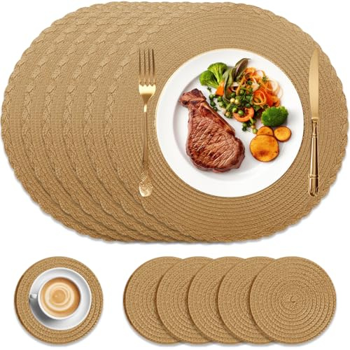 HEYOMART Round Placemats and Coasters Set of 6, Braided Woven Placemat Washable Heat Resistant Table Mats for Kitchen Dining Table Home Restaurant, Golden Brown