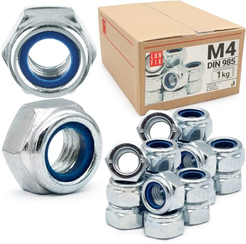 Dadi Autobloccanti M4 DIN 985, 1 kg (≈1000 pz), Acciaio Zincato, Esagonali con Anello in Nylon Blu, Dadi di Sicurezza e di Bloccaggio Autobloccante M4 per Bulloni e Viti Lun Fix