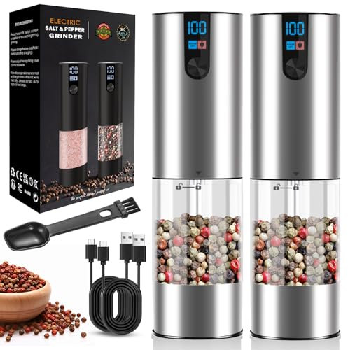 Juego de molinillo eléctrico de sal y pimienta recargable con pantalla LED, grosor ajustable, contenedor de 120 ml, molinillo automático de pimienta y sal para cocina, restaurante (plateado)