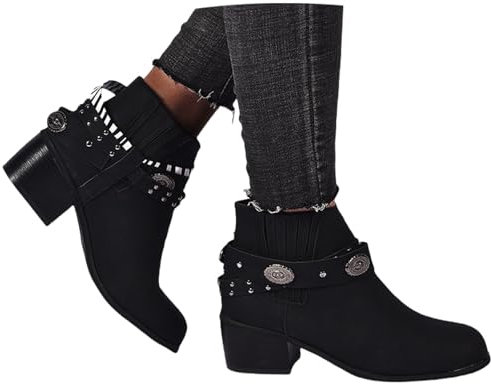 LDXEQIZ Frühling Kurz Stiefel Damen Vintage Stiefeletten Mit Niet Western Cowboy Stiefel PU-Leder Biker Booties Blockabsatz Ankle Boots Große Größe Knöchel Schuhe Casual Schlupfstiefel(Black,38 EU)
