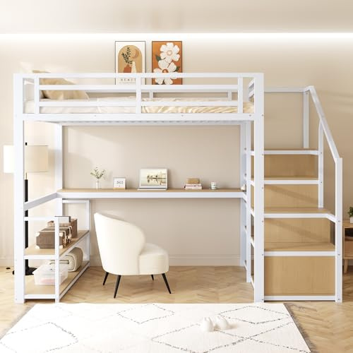 Cama alta de metal de 140 x 200 cm con escalera de almacenamiento con estantes y mesa, diseño de valla de seguridad con tablones de metal empalmados, cama alta de hierro con marco de metal para un