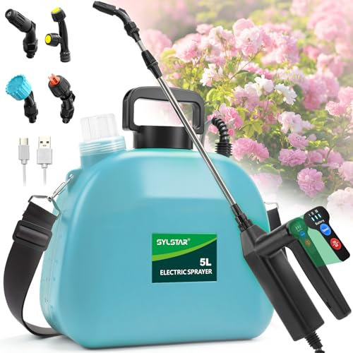 SYLSTAR Drucksprüher 5 Liter, Elektrischer Pflanzensprüher mit 3 Nebeldüsen, USB-aufladbarem Griff und Teleskopstab, Gartenspritze, Unkrautspritze & Wassersprüher mit Verstellbarem Schultergurt (Neue)