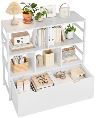 Dripex 4 Tier Wooden White Standing Shelves, 33D x 100W x 90H cm, 5 Compartments & 2 Drawers with Swivel Casters，Display Storage Shelf with Steel Frame, Low Bookcase for Living Room or Office