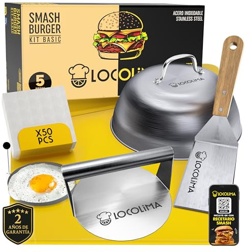 LOCOLIMA Smash Burger Kit Profesional de 5 Piezas, Prensa Hamburguesas (Smasher) de Acero Inoxidable con Certificado UE, Espátula, Campana para Fundir, Papel Smash Burger, Molde Aro Huevo, Recetario