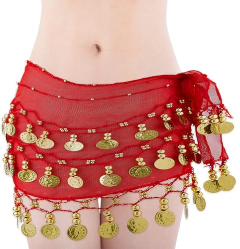 DICOSMETIC Frauen Bauchtanz Hüfttuch Roter Münzengürtel Bauchtanz Rock Mit Goldenen Perlen Und Münzen Sexy Rock Kostüm Mit Münzen Für Yoga Und Arabischen Tanz