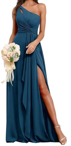 Abiti da damigella d'onore monospalla per matrimonio in chiffon pieghettato abito da sera formale con fessura AH127, Pavone, 40