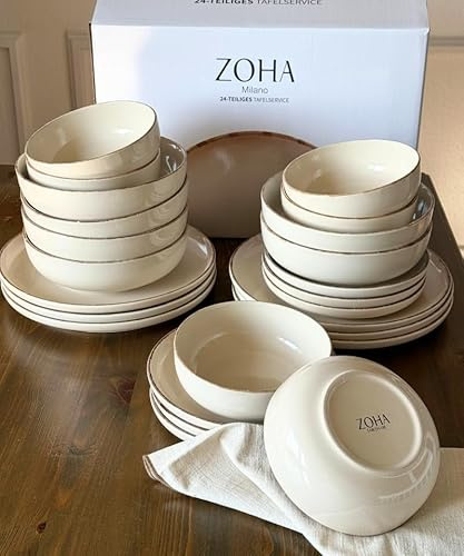 Zoha Milano Steingut Tellerset 6 Personen – 24-teiliges Kombiservice in Beige – modernes Teller Set 6 Personen für Frühstück & Dinner – spülmaschinen- & mikrowellengeeignet – stilvolles Geschirr Set
