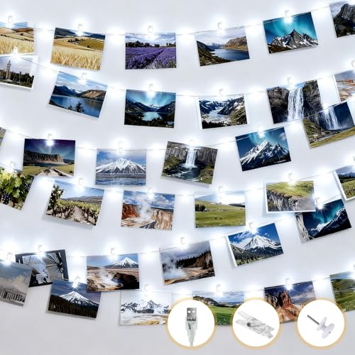 litogo 12M 120LED Fotoclips Lichterkette, USB, für Zimmer Deko Fotos Wand mit 60 Klammern Bilder für Wohnzimmer, Weihnachten, Hochzeiten, Party Kaltweiß