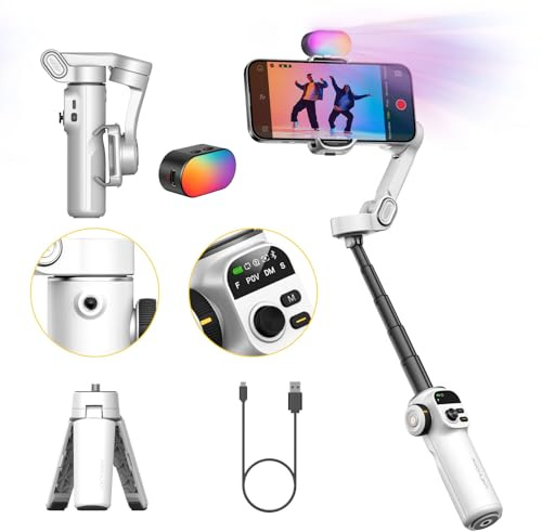 AOCHUAN Gimbal Stabilizer for iPhone w/RGB Magnetic Fill Light, Foldable Gimbal w/7.8' Extension Rod & OLED Display for Vlogging & Filmmaking, Compatible with iPhone 16/15 Pro Max-Smart X2 Kit White