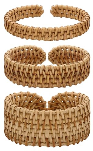 JarThenaAMCS 3 Pcs Rattan Bracelet Boho Handwoven Wooden Braided Open Cuff Bangle Bracelet Adjustable Wrap Bangle for Summer Women Wrist Jewelry